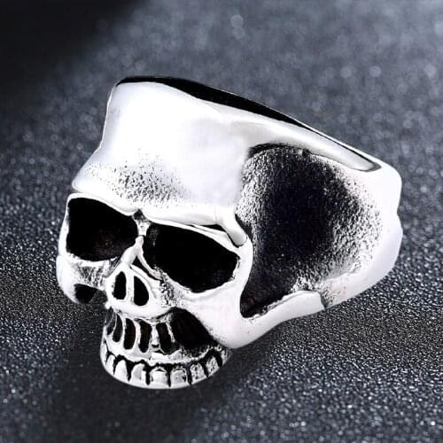 Stainless Steel Black Silver Color Smooth Men Rings Skull Boys Male Ring Skeleton Biker Jewelry Punk Rock