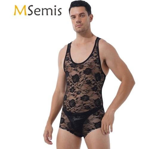 Mens Lingerie Flower Pattern Sheer Lace Bodysuit Round Neck Sleeveless Leotard See-through Skinny Night Club Jumpsuits Nightwear