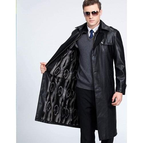 Mens Leather Trench Coat Double-breasted X-long Business Casual Plus Size Leather Jacket M-5XL 115KG Can Wear