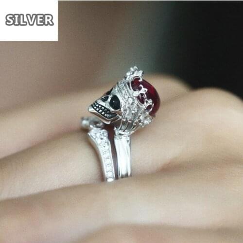 Crown skull ring Punk Rock gothic Red Crystal wedding rings for women set silver ring couple bridal ring accessory jewelry