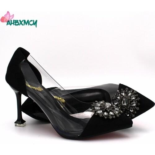Latest New Design African Women Shoes in Black Color for Party Italian Ladies Shoes with Shinning Crystal for Wedding