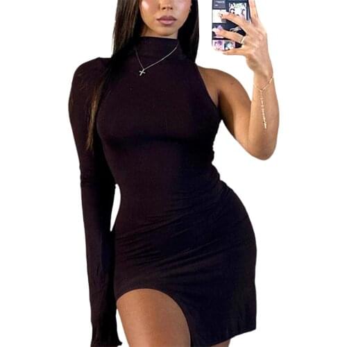 2020 New Ladies Fashion Bodycon Long-sleeve Dress Women Autumn Turtleneck Clubwear Dresses One Shoulder Skinny Irregular Dress