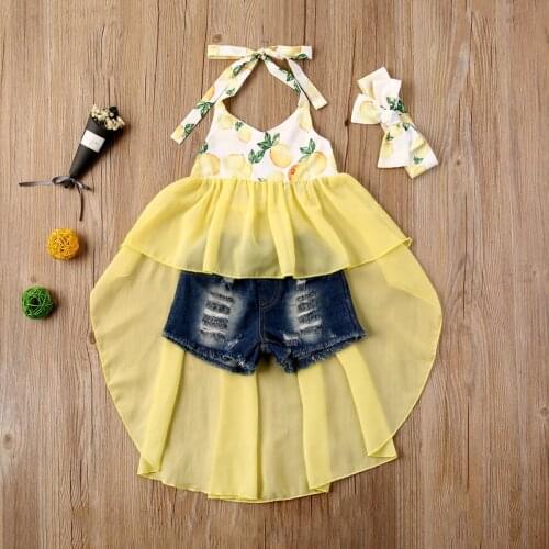 1-6Y Infant Baby Girls Clothes Sets Lenmon Print Sleeveless Blet Lace Dress Vest+Blue Denim Shorts 2pcs