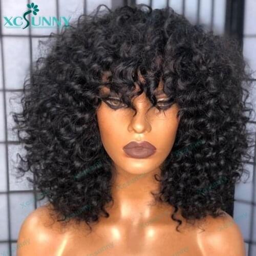 200 Density Full Machine Made Wig With Bangs Curly Human Hair Wigs Remy Brazilian Jerry Curl 16" For Women xcsunny