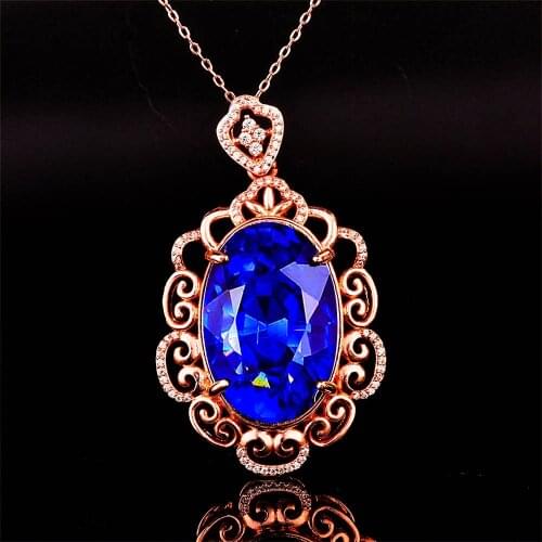 QTT Vintage Rose Gold Color Blue Topaz Pendant Necklace Luxury Gemstone Short Necklace with Chain Female Wedding Bridal Jewelry