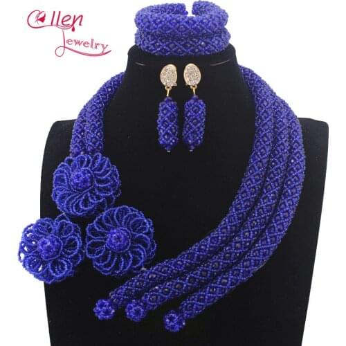 Luxury blue African beads jewelry sets india nigerian flower beads beaded wedding bridal necklace dubai jewelry sets E1122