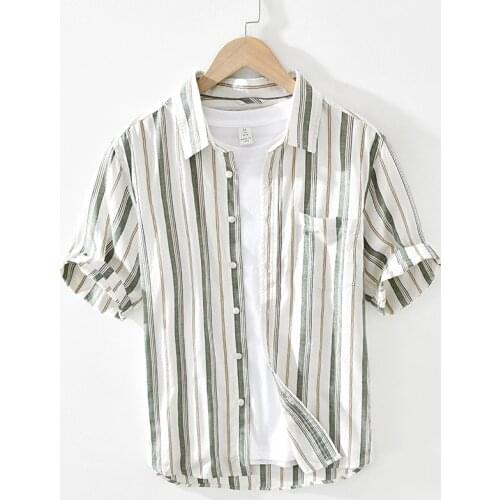 Striped Short Sleeve Shirt for Men Summer New Cotton Linen Casual Tops Male Breathable Comfortable Turn-down Collar Button Shirt