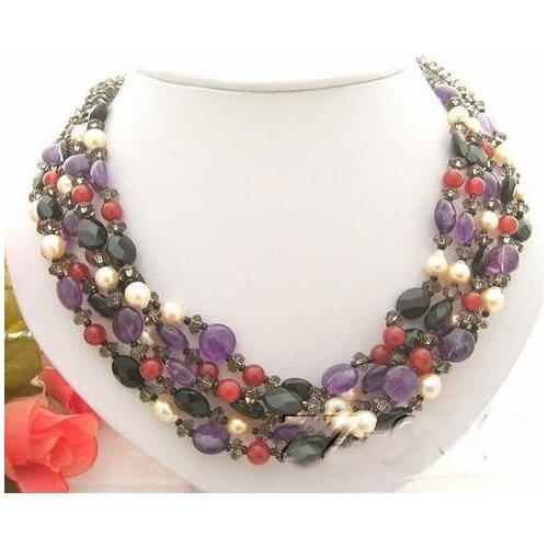 Perfect Handmade Luck Pearl Jewellery,White Natural Pearls Smoky Qu-artz,Ame-thyst,Carne-lian Necklace,New Free Shipping