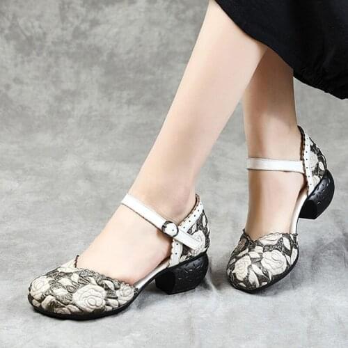 2021 Summer Women Shoes Lady Genuine Leather Pumps Handmade Comfortable Vintage Style High Heels Sandals Woman Gladiator Sandals