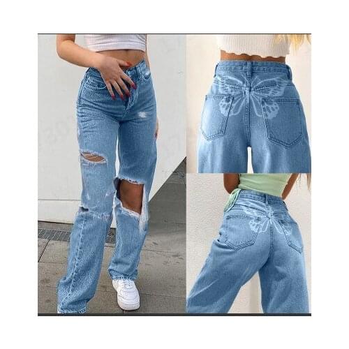 New 2021 cross-border womens butterfly print ripped jeans female trade fashion pants