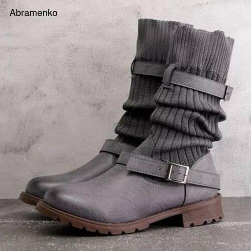 Winter Autumn Women Mid Calf Boots Warm Knitted Woman Boots Round Toe Flat Shoes Female Footwear Black Shoes Plus Size 35-43