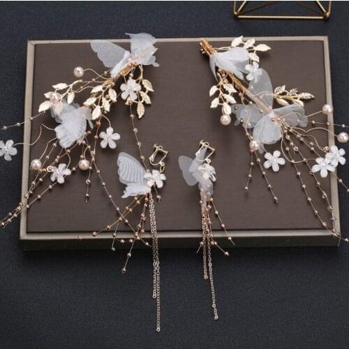 Fantasy White Butterfly Hair Clips Hairgrips Wave Hairpins Head Decorations Barrettes Hair Earrings Jewelry for Women Bridal