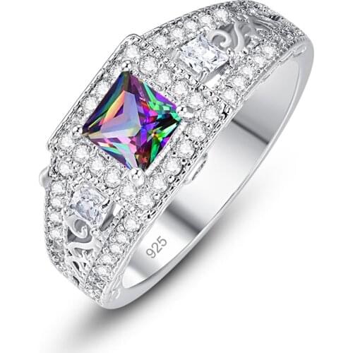 Lingmei Women Princess Cut Wedding Rings Engagement Fashion Jewelry Nice Rainbow Zircon Silver ColorRing Size 6-9 Christmas