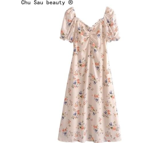 New Fashion French Chic Floral Printed V-neck Midi Dress Women Summer Casual Style Ruffles Chiffon Dresses Female Vestidos
