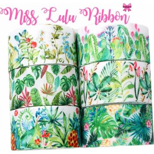 16mm-75mm Green Leaf Series Watercolor Flower Printed Grosgrain/Elastic Ribbon DIY Hair Bowknots Gift Packing Decor 50yards/roll