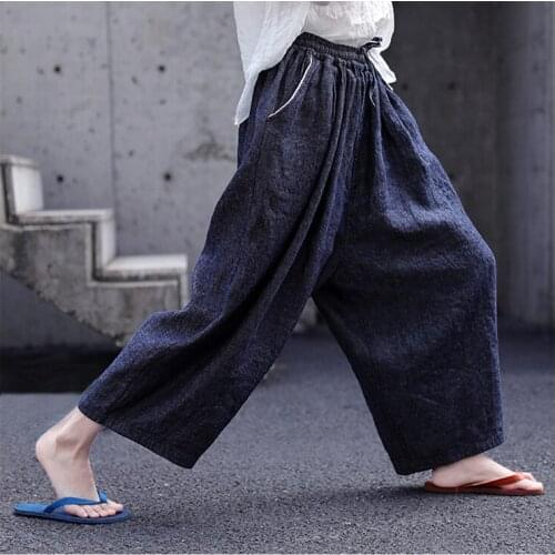 2021 autumn new literature and art middle waist washed blue dark Wide Leg Pants jeans Linen Pants 0901-3