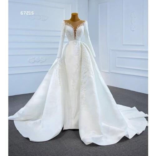 Long Sleeve Mermaid Satin Wedding Dresses With Detachable Train Luxury Heavy Pearls Bridal Gowns Custom Made