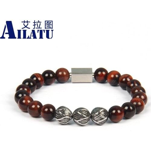 Ailatu New Stainless Steel Logo Beads Natural Tiger Eye & Lapis Stone Energy Bracelets Pulseira Masculina Jewelry For Men