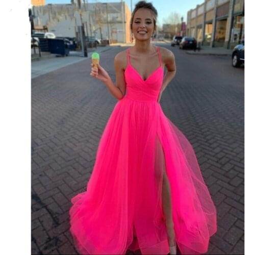 ANGELSBRIDEP Hot-Pink Long Evening Party Dresses Vestidos de festa Sexy Spaghetti Straps Side Split Formal Prom Dresses Hot Sale