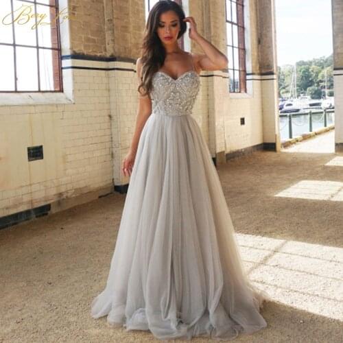 BeryLove Fashion Grey Sliver Prom Dresses 2020 Beaded Tulle Prom Gown Sweetheart Straps Formal Evening Dress Zipper Party Dress