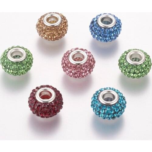 50pcs Rondelle Rhinestone Bead European Beads Large Hole Beads Resin for Jewelry Making DIY Bracelet Necklace 12mm 15mm