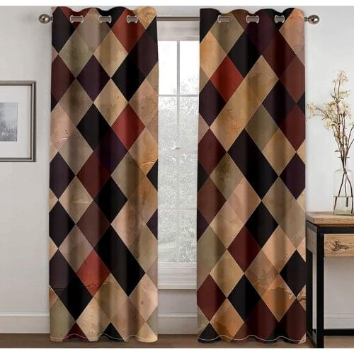 Color Block Pattern Printing Perforated Blackout Curtains for Living Room and Bedroom Curtains Blackout 90% Machine Washable