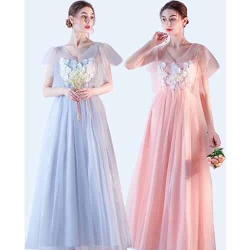 Summer Gauze Backless Flowers High Waist Slim Short Sleeve V-Neck A-Line Simple Floor-Length Blue Gray Pink Cocktail Dresses