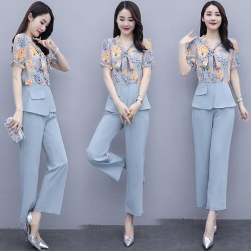 2020 Summer Women Two Piece Set Elegant Flower Printing Short Sleeve Blouse Suits Pants Wide Leg Pants Suit