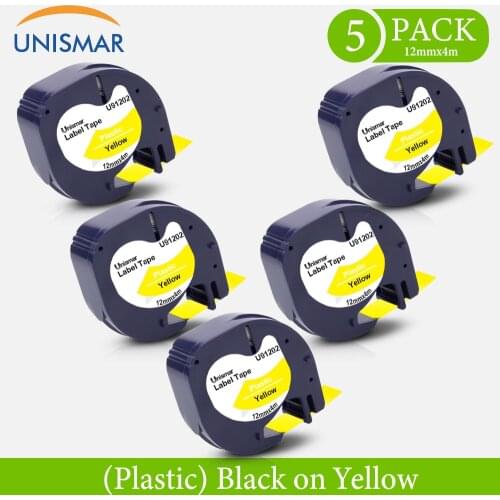 Unismar 5PK Black on Yellow 91202 12mm Plastic Labeling Tape 91332 91222 Compatible for Dymo Letratag LT-100H Label Typewriter