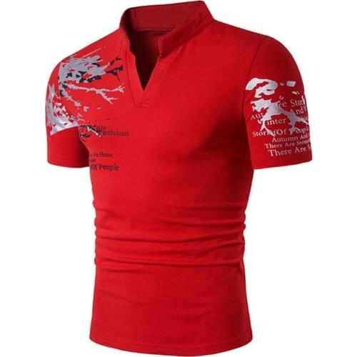 Men T-Shirts Summer Letter Print Stand Collar V Neck Comfortable All-match Short Sleeve T-Shirt Slim-Fit Top 2021