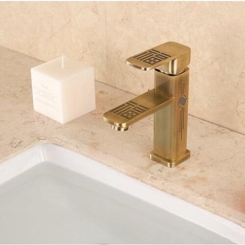 New Square Modern Waterfall One Hole Bathroom Sink Faucet mixer Tap deck mounted Antique brass Carved" FU" Free Ship