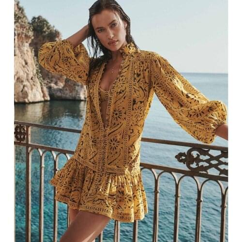 Dress For Women Midi Yellow Vintage Floral Printed Long Sleeve Bohemian Stand Collar E Girl Boho Beach Party Dresses Robe Femme