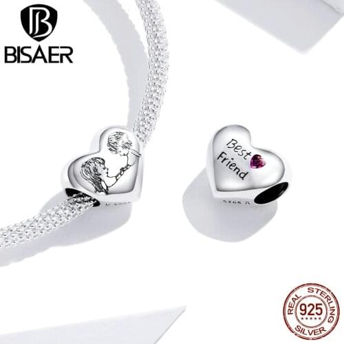BISAER Best Friends Heart Beads 925 Sterling Silver Zircon Friendship Charms Pendant Fit DIY Bracelet Necklace Jewelry ECC1516