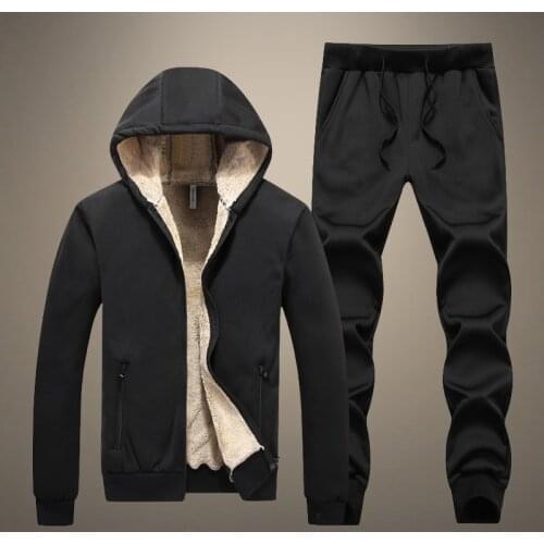 Fleece Casual Set Mens Thick Warm Tracksuit Mens Winter 2-piece Hooded Jacket + Pants Clothes Male Solid Color Tracksuit 5XL