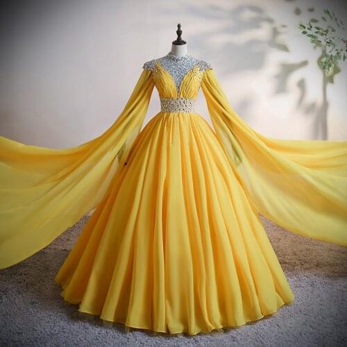 Luxury yellow chiffon rhinestone beading collar shoulder veil ball gown opera medieval Renaissance Victoria dress ball gown