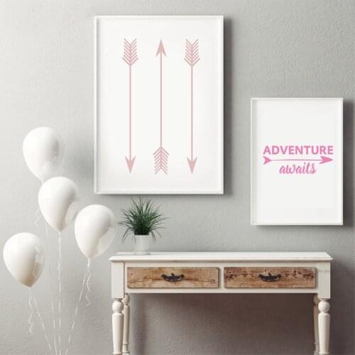 Pink Poster Adventure Awaits Quote Wall Art Print For Girl , Pink Arrows Canvas Painting Wall Picture Baby Girls Room Wall Decor