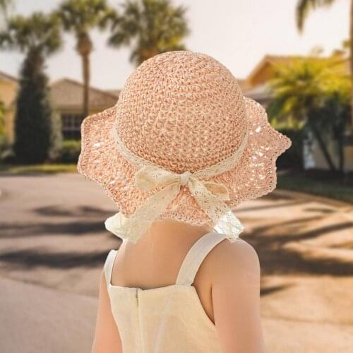 Summer Girls Straw Hat Baby Pink Mesh Flower Wide Brim Sun Hat Panama Hat Kids Children Beach Sun Cap with Bow Ribbon Decoration