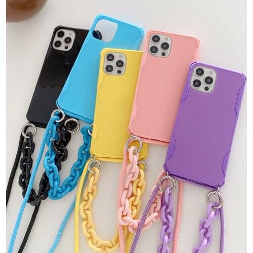 Candy Color Silicone Bumper Wrist Chain Cover For iPhone 12 Pro Max 11 X XR XS 6S 7 8 Plus Crossbody Necklace Strap Phone Case