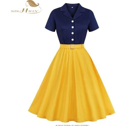 SISHION Short Sleeve Ladies Summer Dress VD1430 3XL 4XL Plus Size Purple Yellow Dress Cotton Swing 50S Retro Vintage Dresses