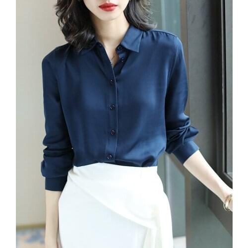 Dark navy silk office blouse womens shirts and blouses 2020 summer elegant sexy boho long sleeve plus size palace loose