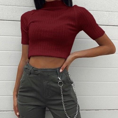 Turtleneck womens t-shirts Short Sleeve Crop Top Slim Casual Female T Shirt Autumn Knitted Tops 2020 New Mid-sleeved Crop Top