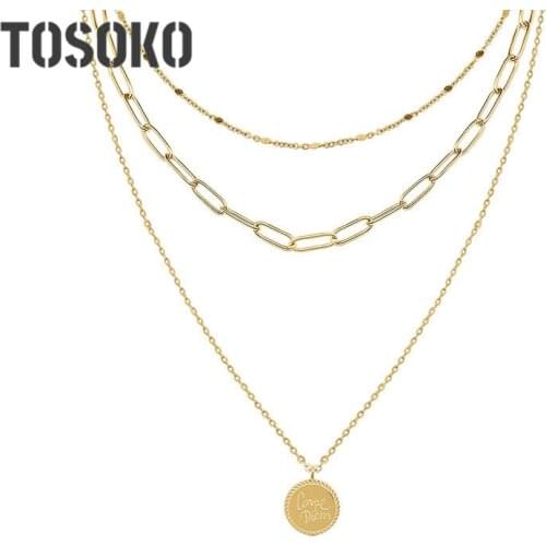 TOSOKO Stainless Steel Jewelry Exaggerated Cone Diem Multi-Layer Necklace With Female Personality Clavicle Chain BSP758