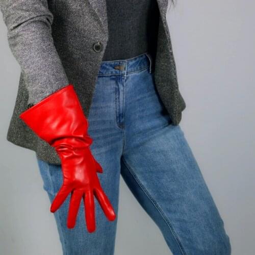 Womens runway fashion wide sleeve genuine leather long glove ladys performance leather plus size touchscreen glove 38cm R3288