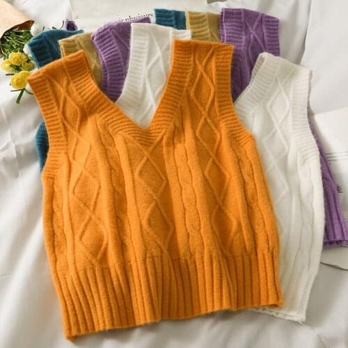 Autumn Korean Women V-Neck Knitted Sweaters Vest Short Style Sleeveless Ladies Casual Loose Tops Sueter Vests Female