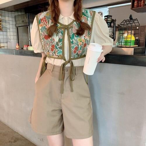 Vintage Women 3 Pieces Pants Sets Outfits Long Sleeve Shirt&floral Embroidery Short Waistcoat Tank Vest&High Waist Shorts Sets