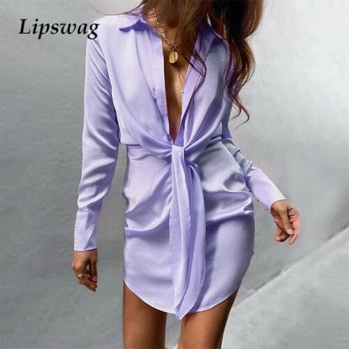 Sexy Autumn Turn-Down Collar Shirt Satin Dress Women Elegant Tie-Up Draped Party Dress 2021 Spring Long Sleeve Female Mini Dress