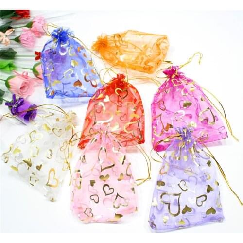 100pcs Color Mixing Organza Bags 10x12cm Jewelry Carrier Gift Cosmetic Bags Gold Heart Hot stamping Wedding Party Candy Bags