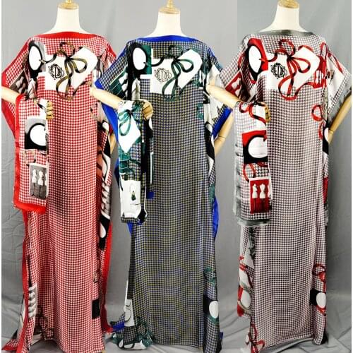 2021 african fashion women summer loose grid dress casual abaya dubai plus size kaftan with headtie 2 pieces set