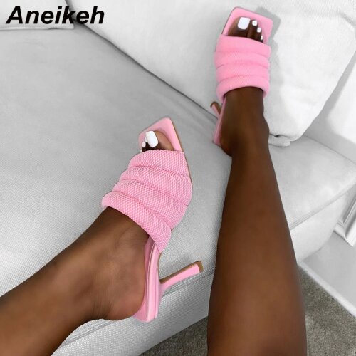 Aneikeh NEW 2021 Summer Slippers Women Mules Head Peep Toe Thin Pleated High Heel Fashion Slip On Punk Ladies Party Shoes 35-41