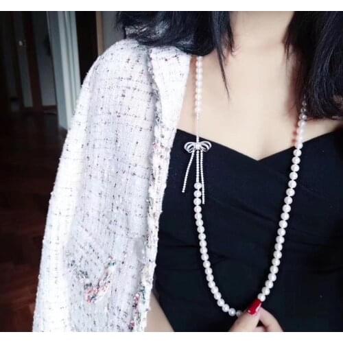 Long pearl necklace princess style bowknot zircon micro-set for women cute style necklace party gift jewelry